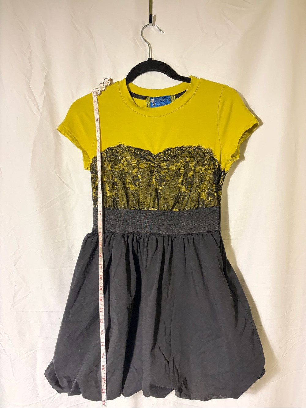 VINTAGE Rare Forever 21 Twist Cirque 21 Yellow Black Lace Bubble Dress Sz S Y2K - Picture 8 of 11
